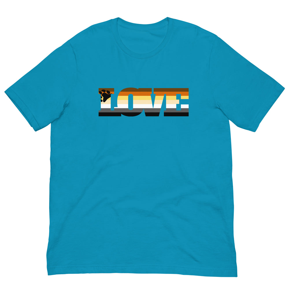 Flat-lay aqua T-shirt with a large bear paw and horizontal pride-style stripes across the chest