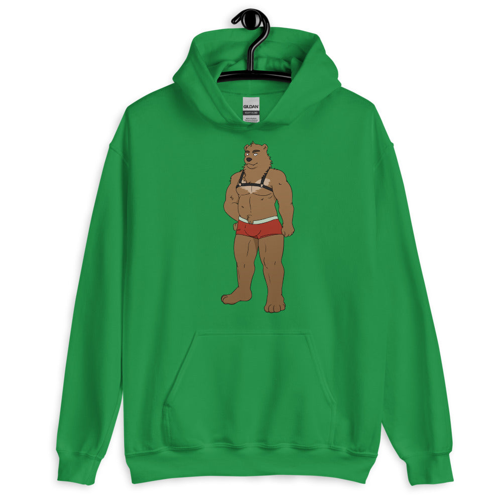 Front view of a green hoodie with a muscular bear in a harness and red briefs