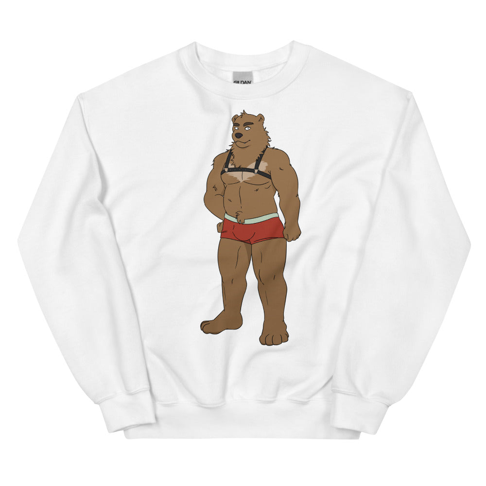 Front view of a white sweatshirt with a muscular bear in a harness and red briefs