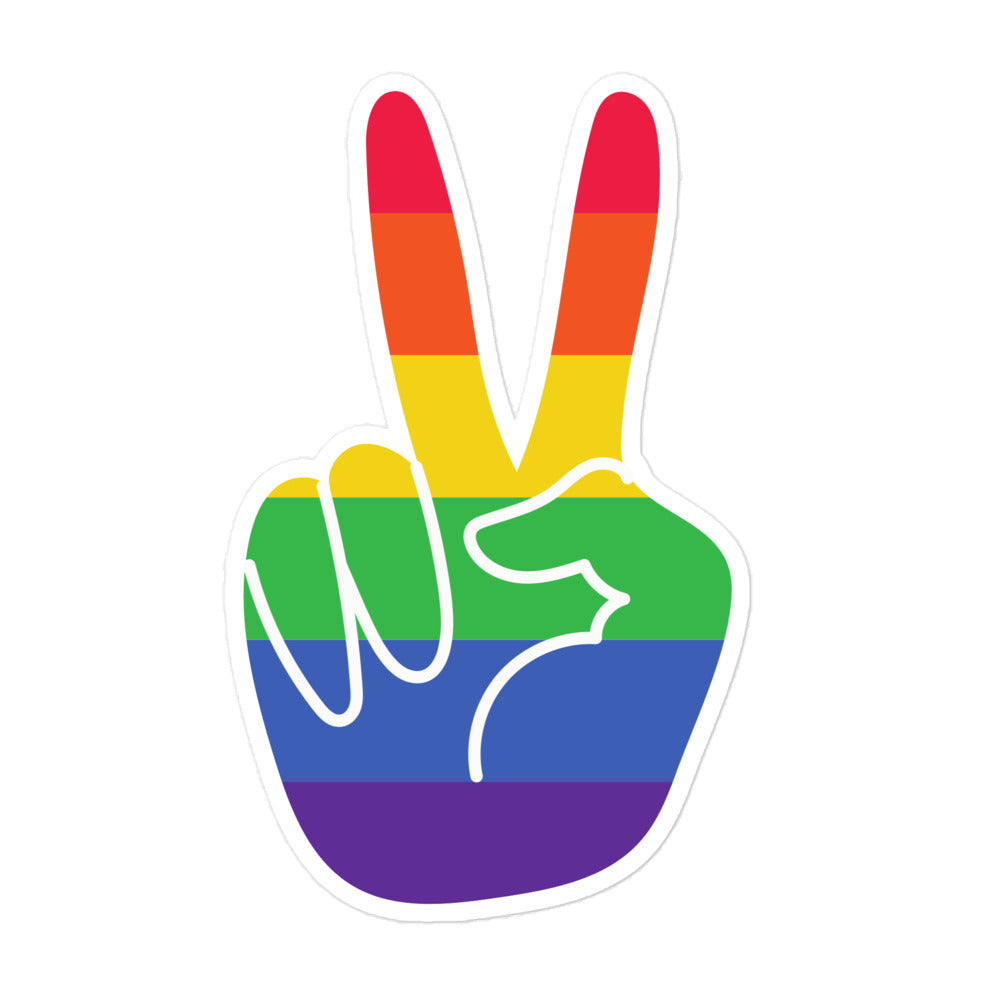 Rainbow peace-sign hand sticker with two raised fingers and a white outline