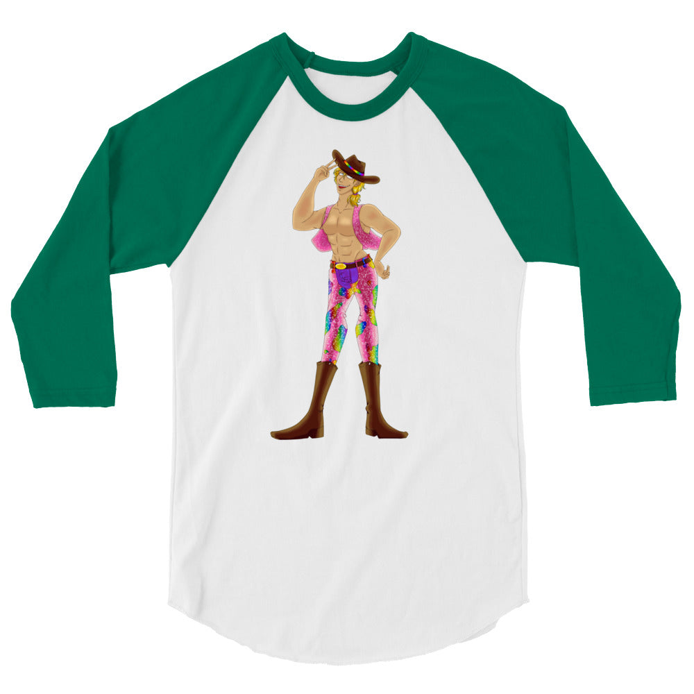Gay Cowboy 3/4 Sleeve Raglan Shirt in green and white with a cowboy graphic, paired with bold floral pants, worn confidently in a minimalist gallery.