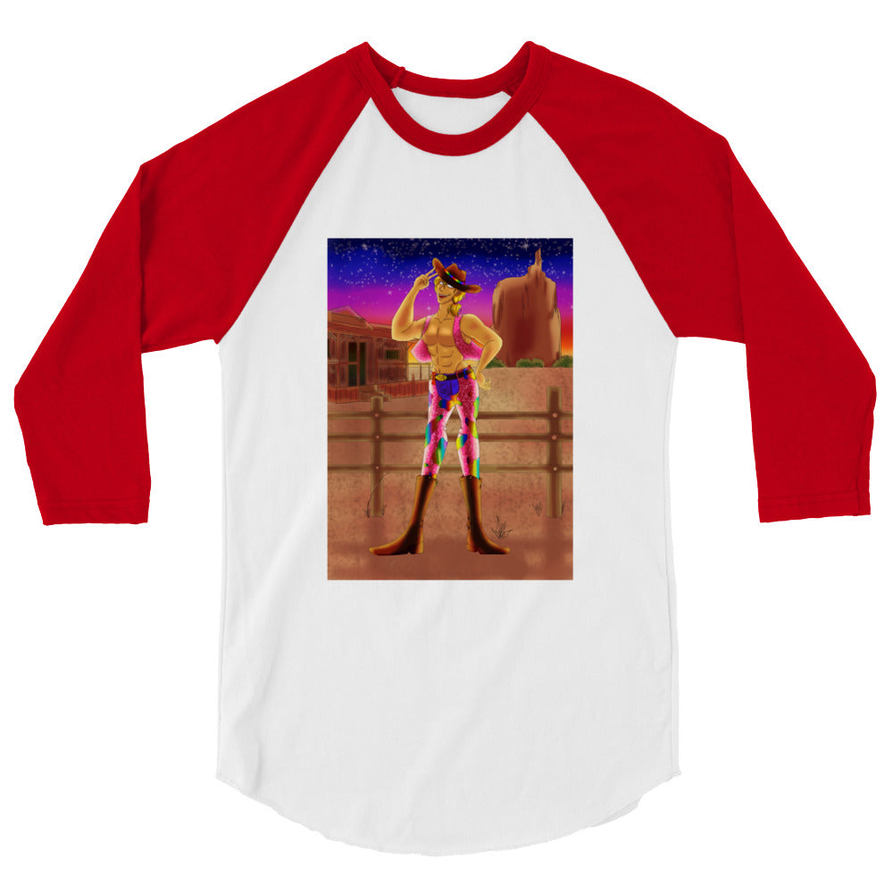Front view of a white raglan shirt with red three-quarter sleeves and a cowboy graphic