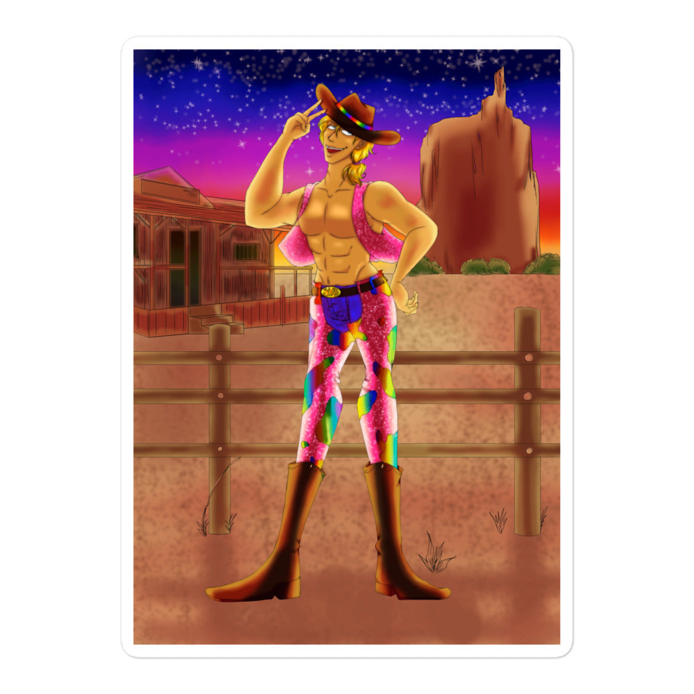 Illustrated sticker of a shirtless cowboy in a pink crop vest and chaps at sunset