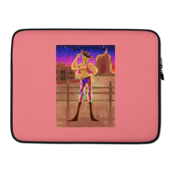 Pink laptop sleeve with black trim, featuring a shirtless cowboy in rainbow chaps at sunset