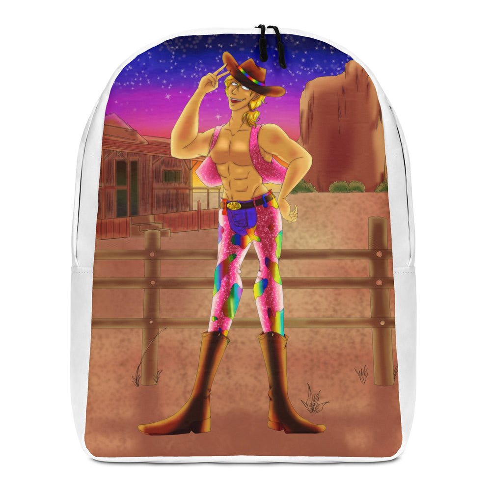 Front view of a white backpack printed with a shirtless cowboy in colorful chaps at sunset