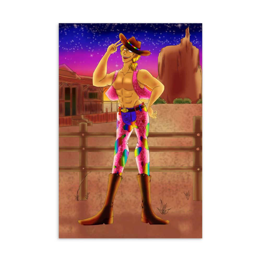 Postcard design showing illustrated shirtless cowboy in chaps and boots tipping a rainbow-banded hat at sunset