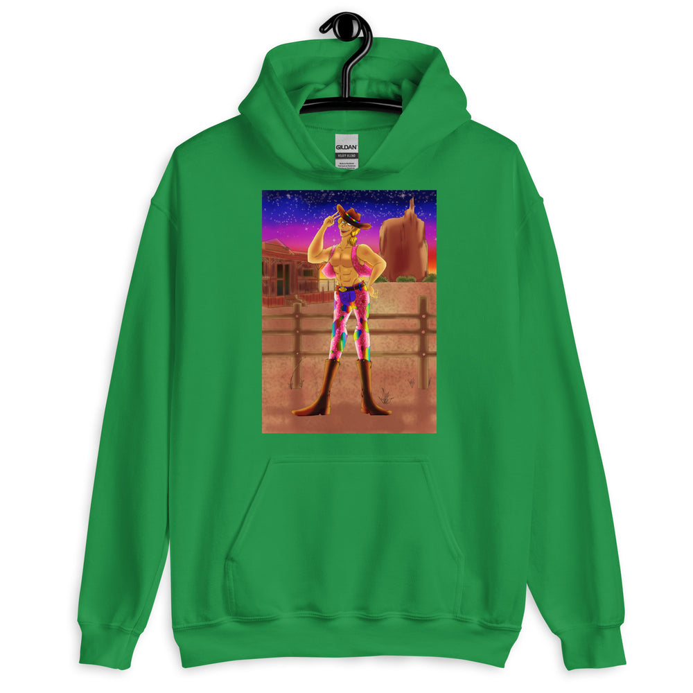 Front view of a green hoodie with an illustrated shirtless cowboy in a sunset desert scene