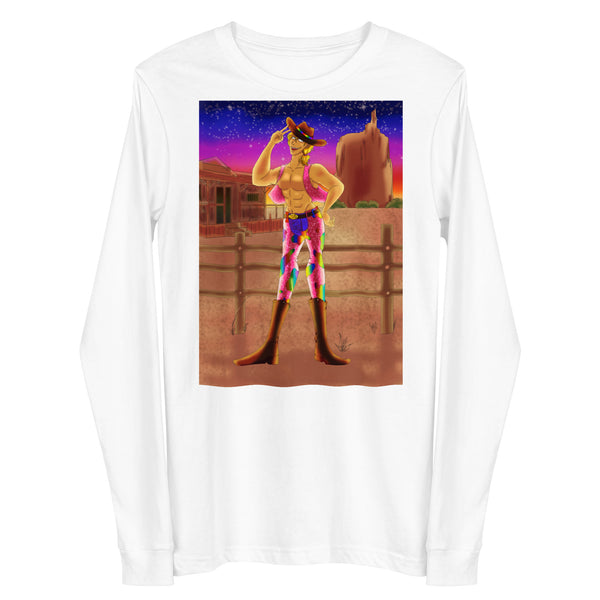 White long-sleeve shirt with a colorful shirtless cowboy illustration at sunset