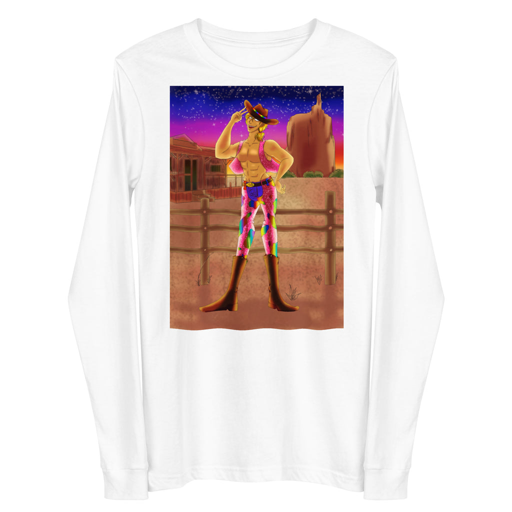 White long-sleeve shirt with a colorful shirtless cowboy illustration at sunset