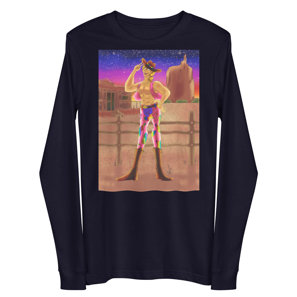 Navy long-sleeve shirt with a colorful muscular cowboy illustration at sunset