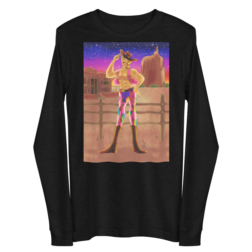 Black long-sleeve shirt with a colorful shirtless cowboy illustration at sunset