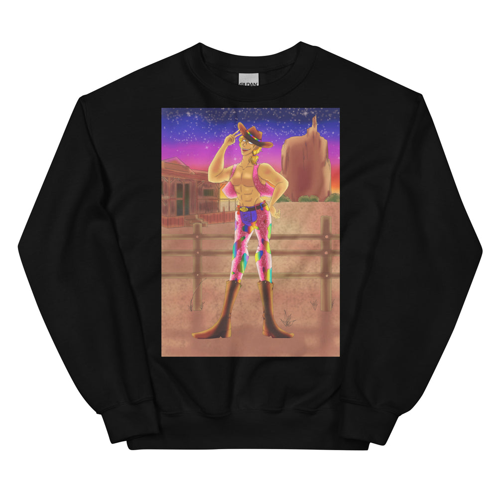 Black sweatshirt with a colorful shirt graphic of a muscular cowboy in a hat and boots at sunset