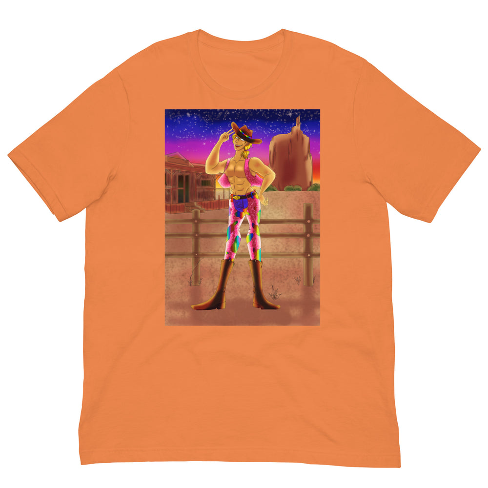 Burnt-orange T-shirt with a colorful cowboy illustration against a sunset desert scene