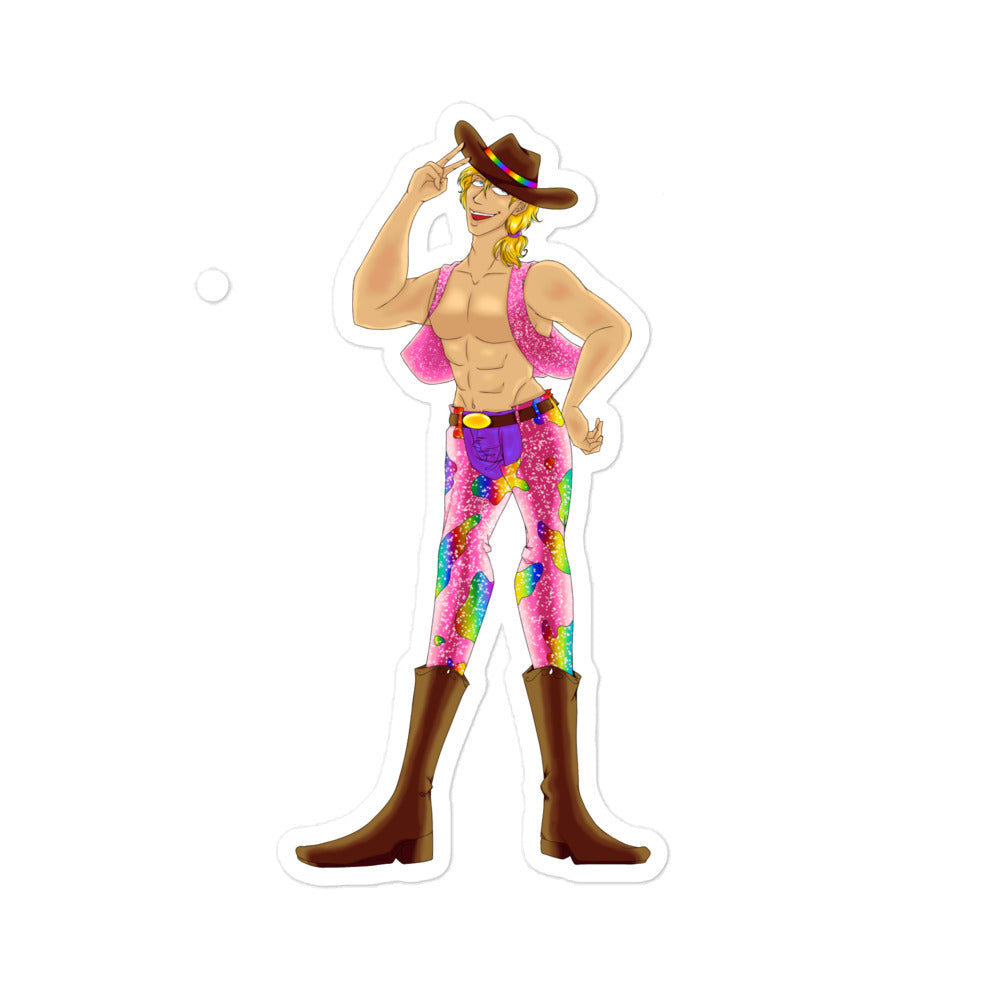 Gay Cowboy Bubble-Free Sticker on a brown leather saddle, metal rings, shows bold queer figure in hat and boots, blurred background.