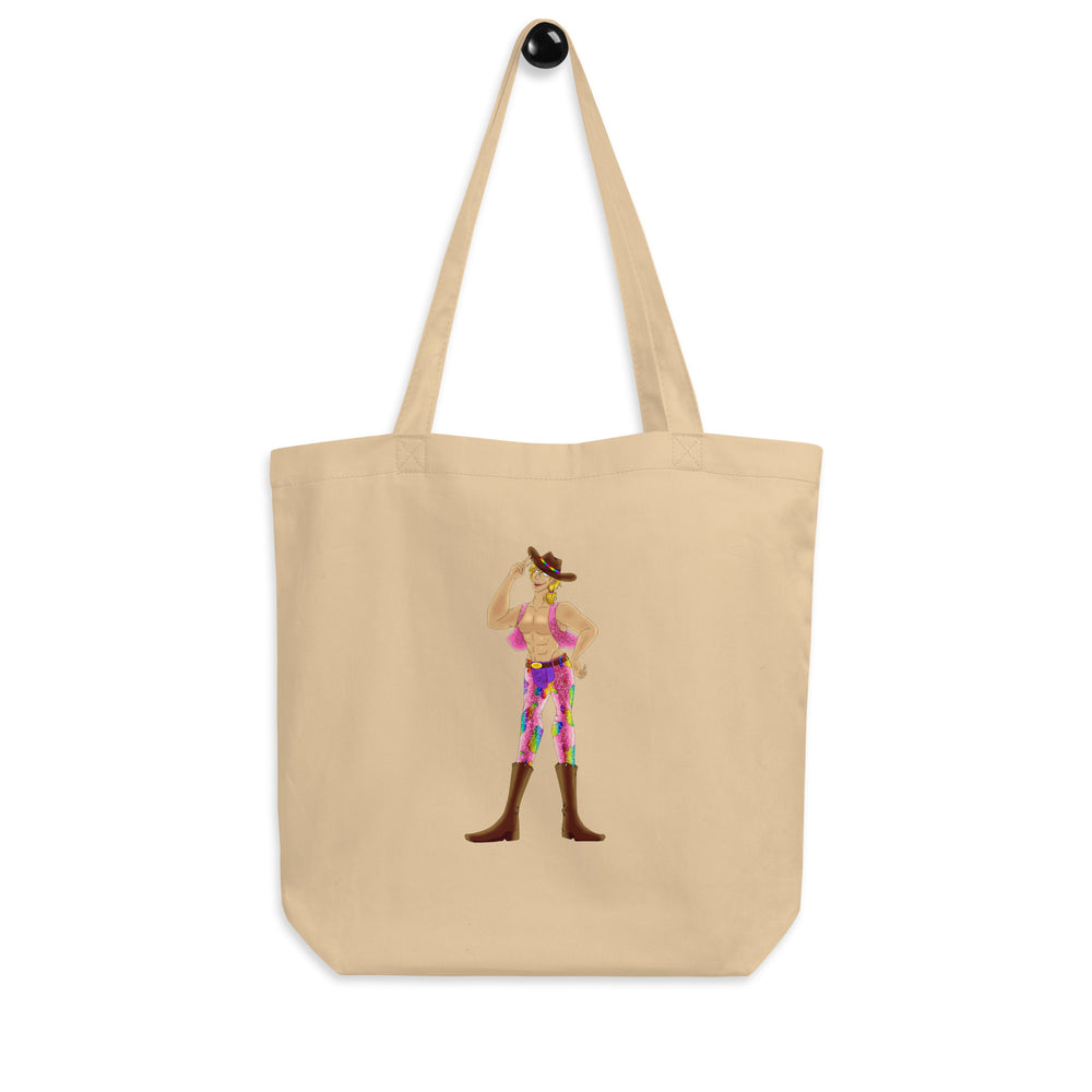 Natural canvas tote bag featuring a colorful illustrated cowboy in a hat, vest, pants, and boots