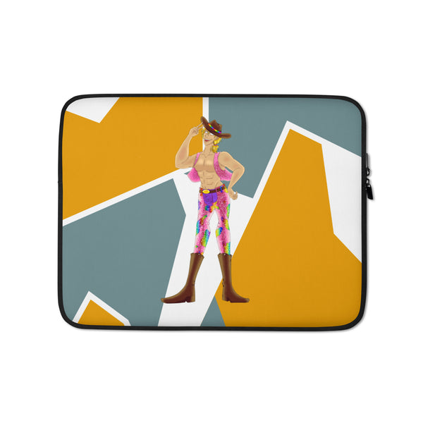 Gay Cowboy Laptop Sleeve with a bold dancing woman graphic, held by a man in red plaid and leather harness outside neon Broken Spur.
