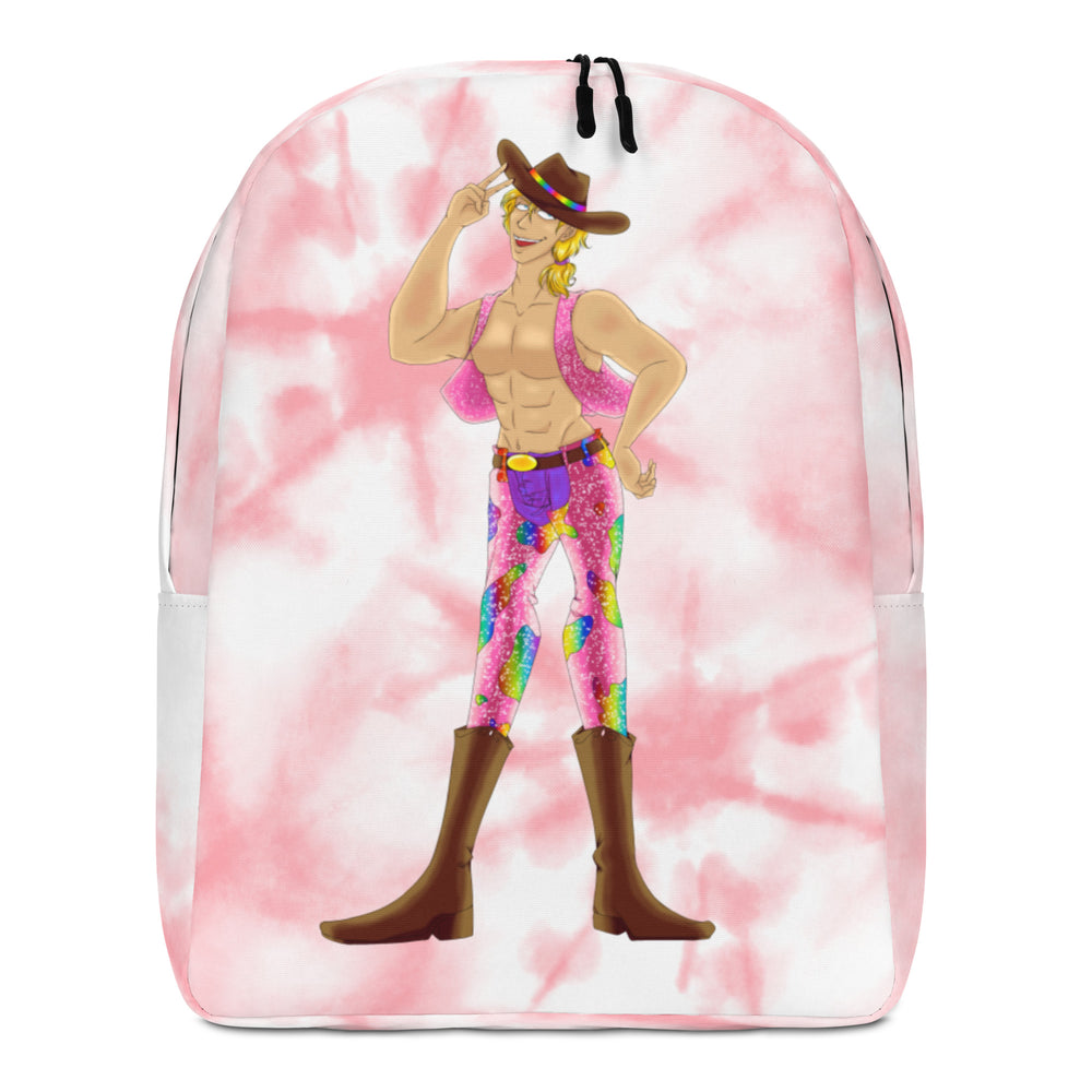 Front view of a pink tie-dye backpack featuring a colorful cowboy illustration