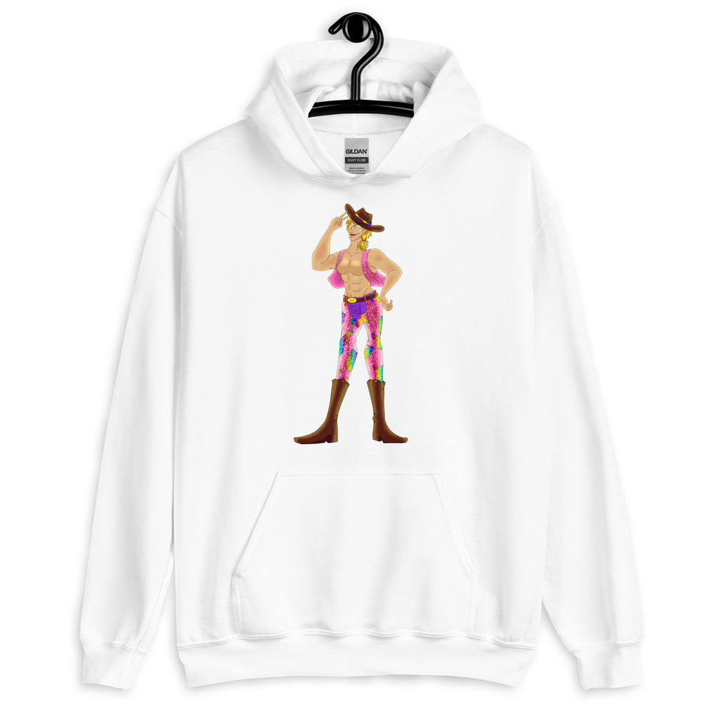 White pullover hoodie with a colorful cowboy illustration in a cropped front view