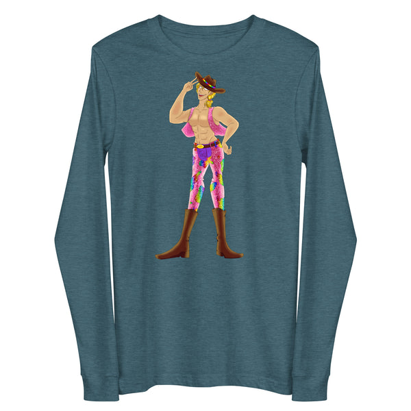 Gay Cowboy Unisex Long Sleeve T-Shirt with a cartoon cowboy, worn by a queer man in jeans and cowboy hat at sunset by a fence.