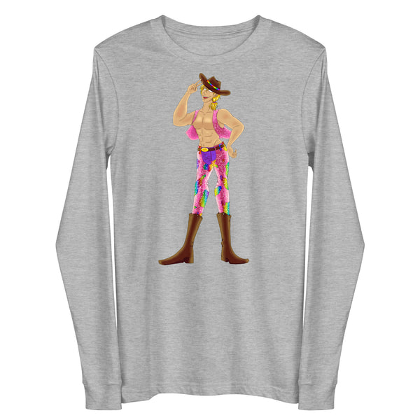 Front view of a heather-gray long-sleeve shirt with a colorful cowboy illustration