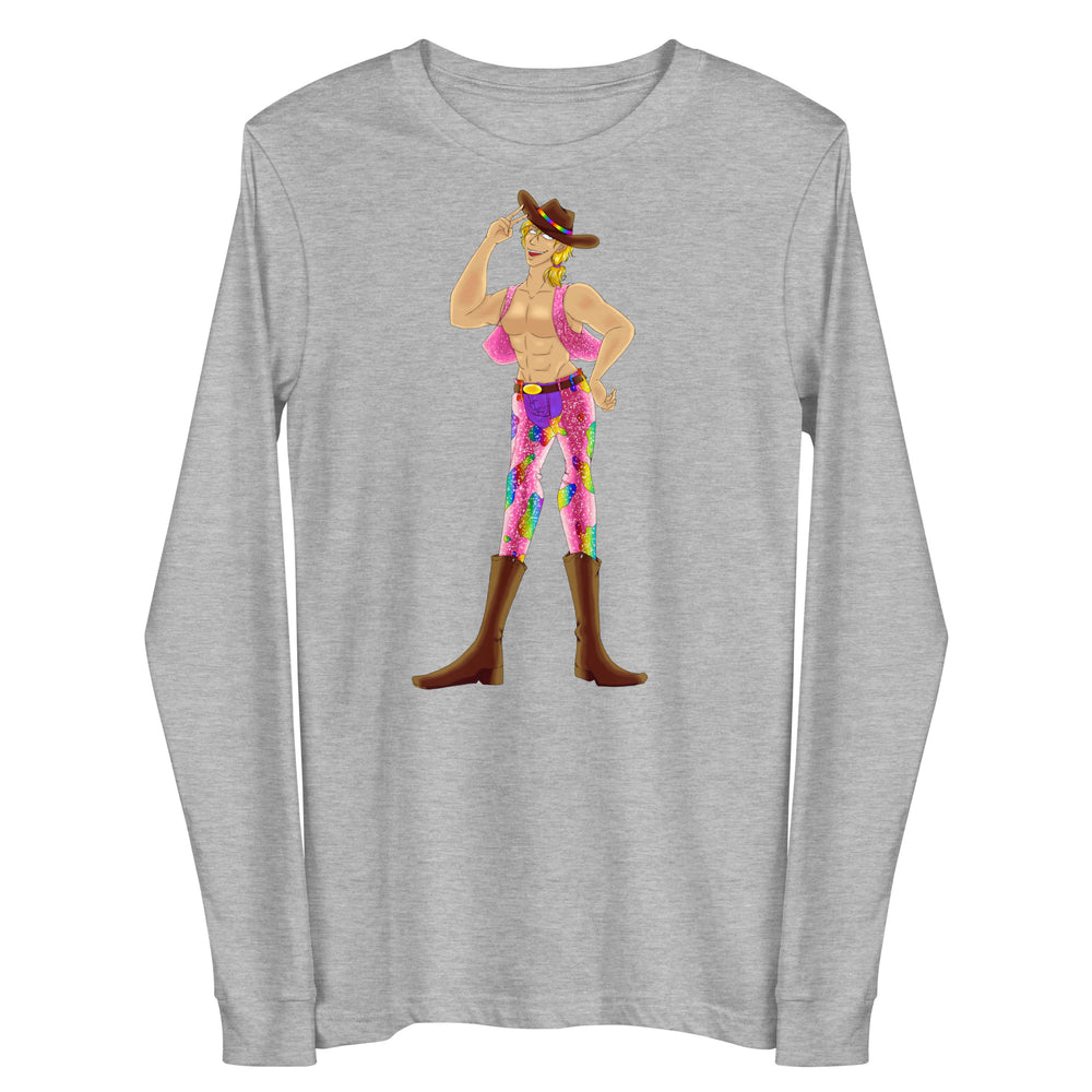 Front view of a heather-gray long-sleeve shirt with a colorful cowboy illustration