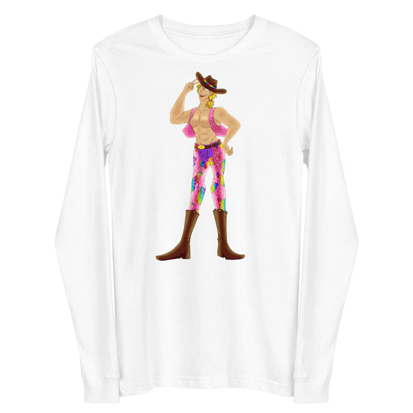 Front view of a white long-sleeve shirt with a colorful shirtless cowboy illustration