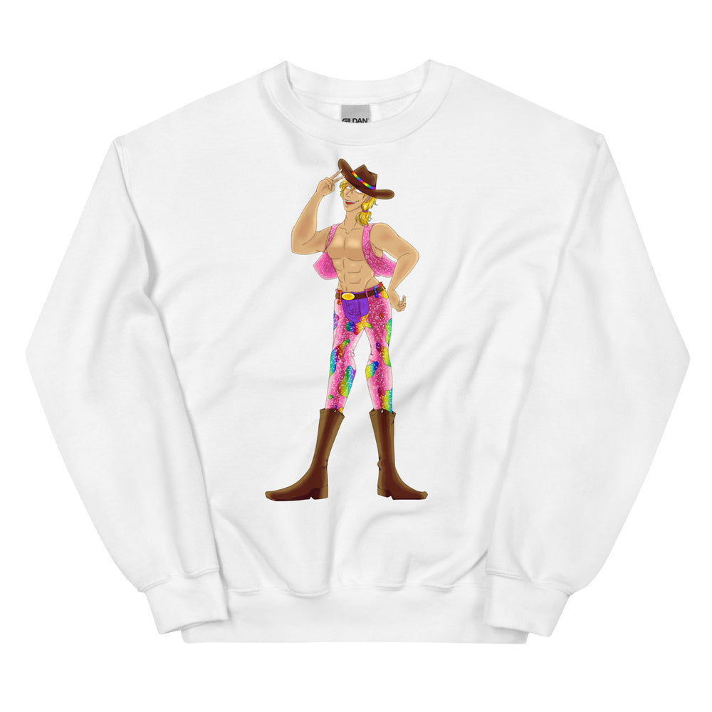 Front view of a white sweatshirt with a colorful cowboy illustration wearing a rainbow hat band