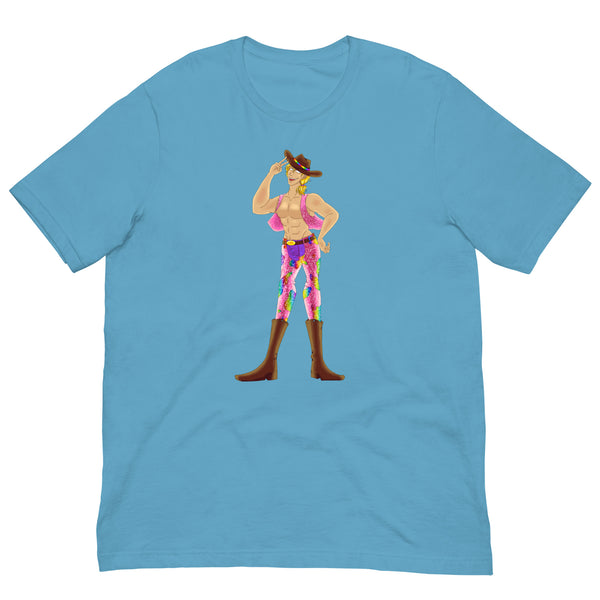 Front view of a blue T-shirt with a colorful cartoon cowboy wearing a hat, vest, pants, and boots