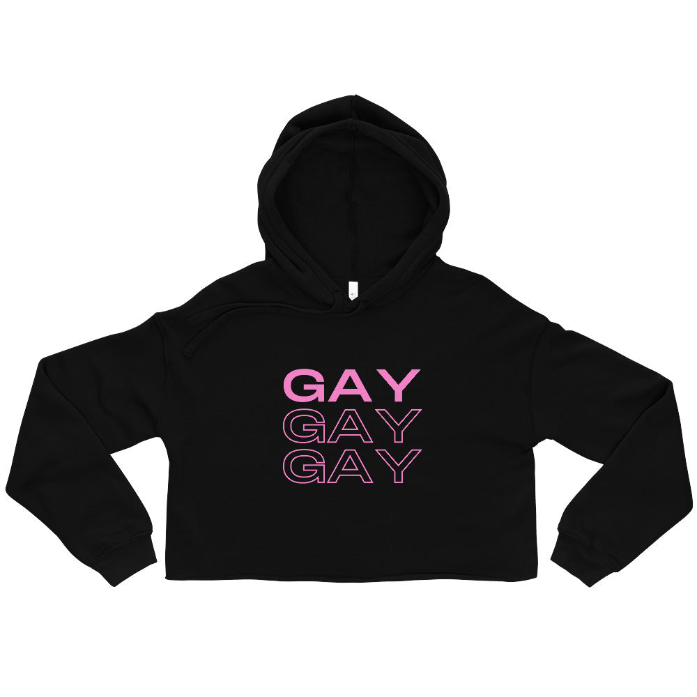 Front view of a black cropped hoodie with three stacked pink “GAY” prints