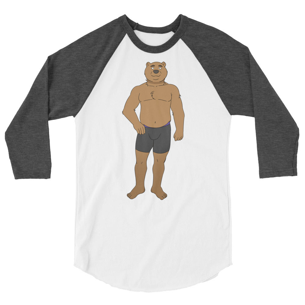 Front view of a white and charcoal raglan shirt with a cartoon bear wearing briefs