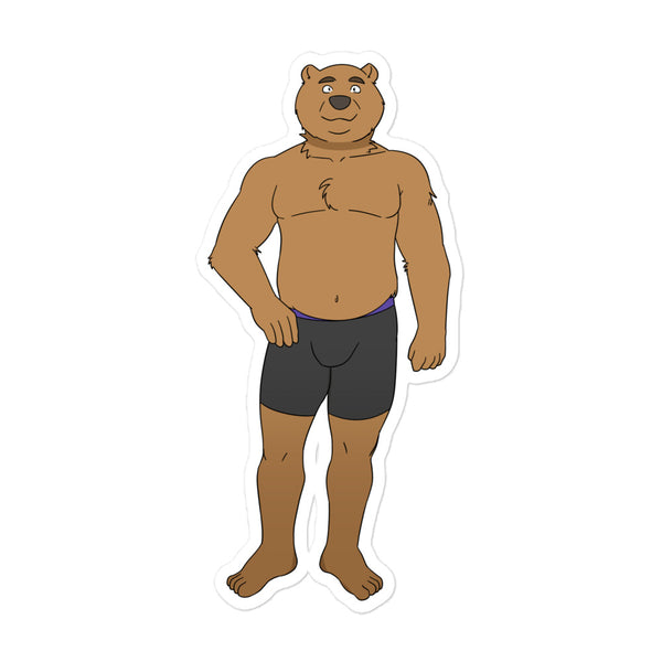Bubble-free sticker showing a front-facing brown bear wearing black shorts with a purple waistband