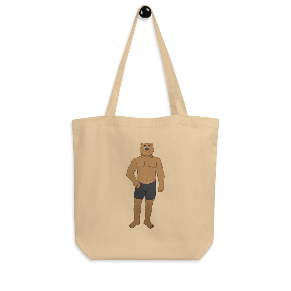 Natural canvas tote bag featuring a cartoon bear in dark briefs
