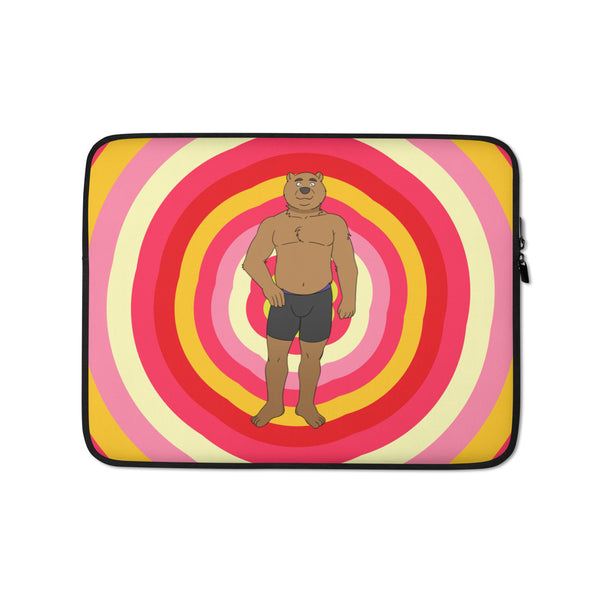 Laptop sleeve with a shirtless bear character in briefs on pink, yellow, and red rings