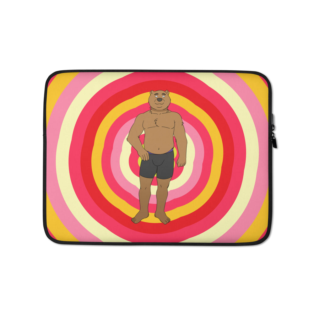 Laptop sleeve with a shirtless bear character in briefs on pink, yellow, and red rings