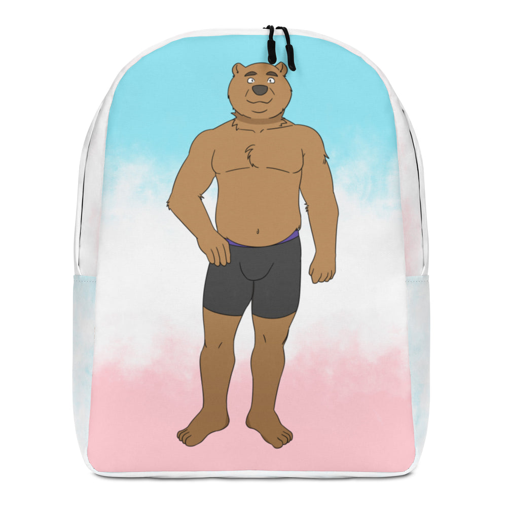 Front-facing white backpack with a shirtless brown bear illustration over blue and pink stripes