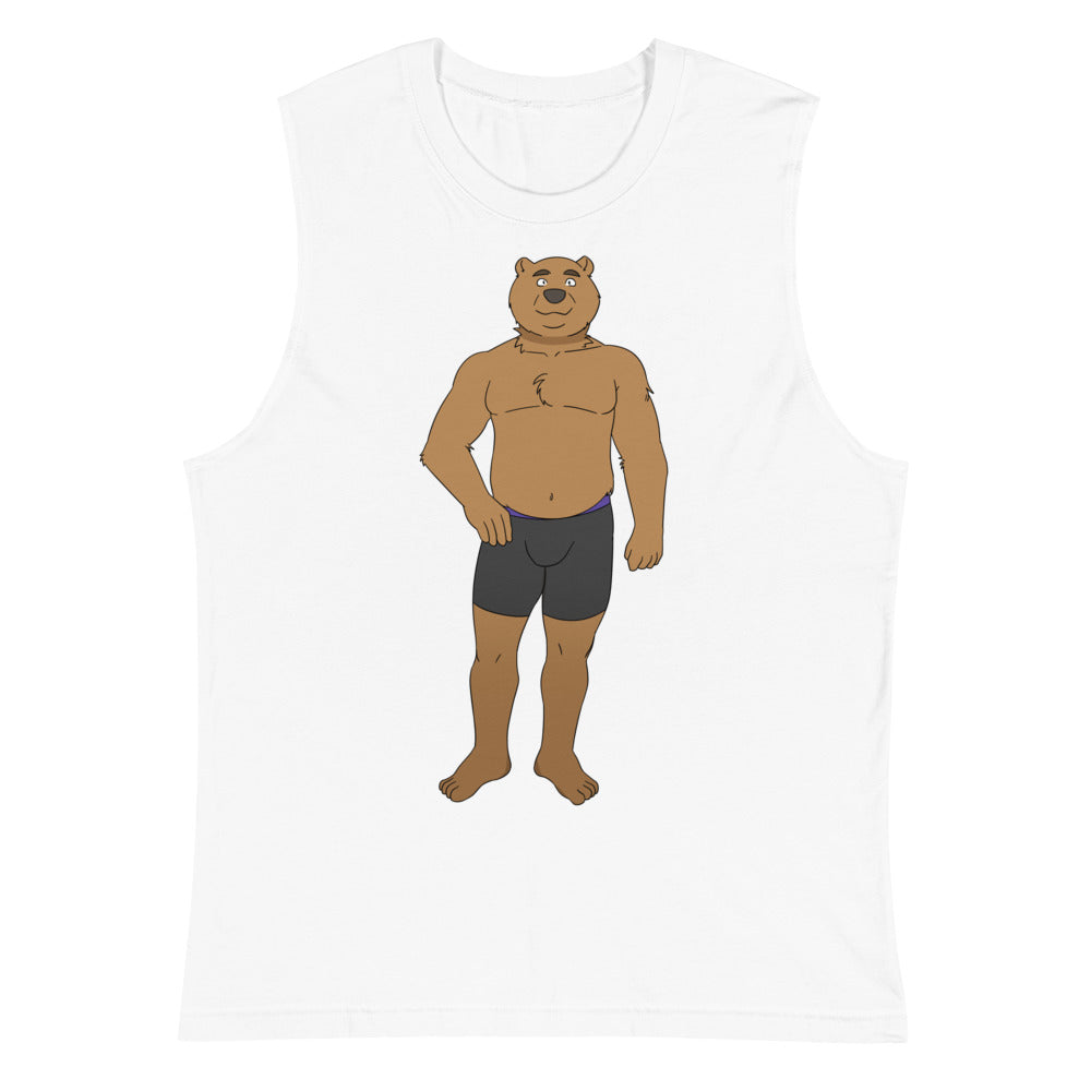 White sleeveless muscle tank with a cartoon brown bear in black briefs