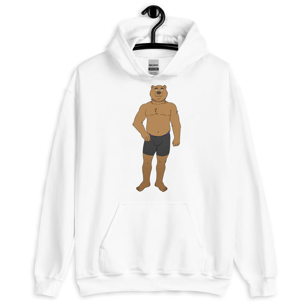 Front view of a white hoodie with a cartoon bear in black briefs
