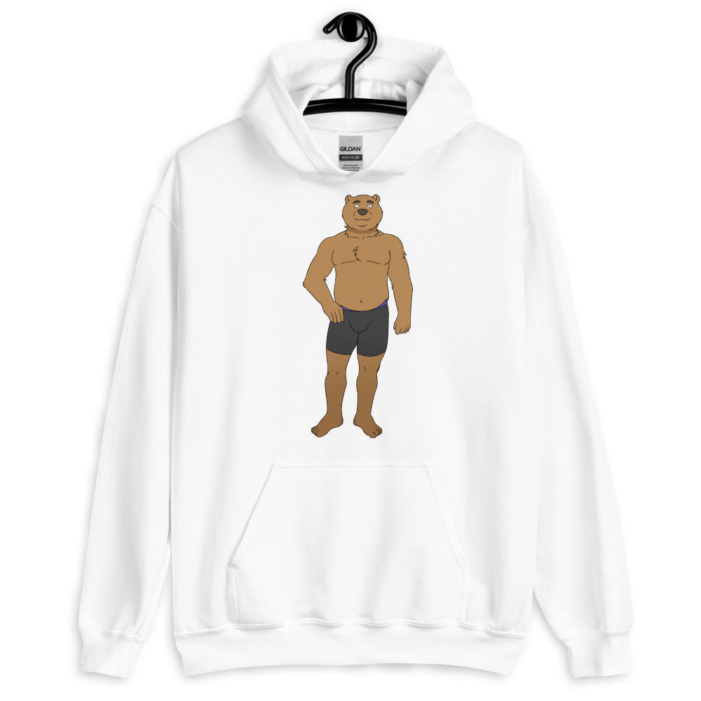 Front view of a white hoodie with a cartoon bear in black briefs