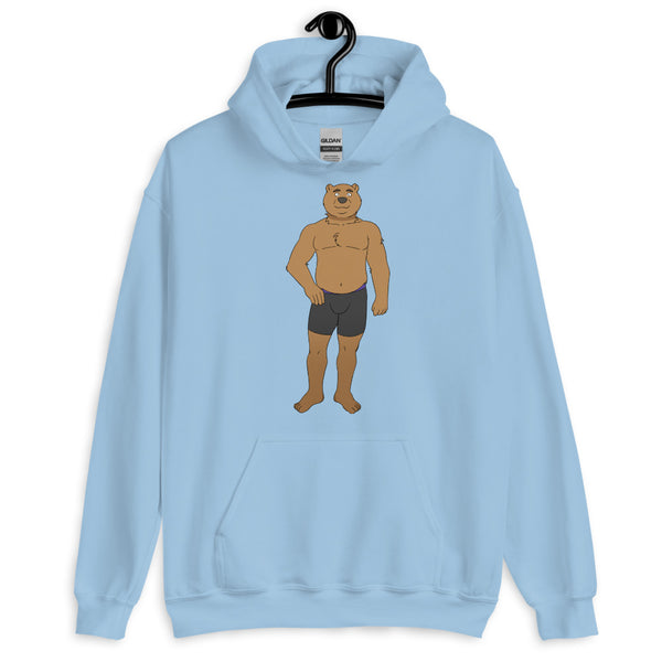 Front view of a light blue hoodie on a hanger with a bear in black briefs