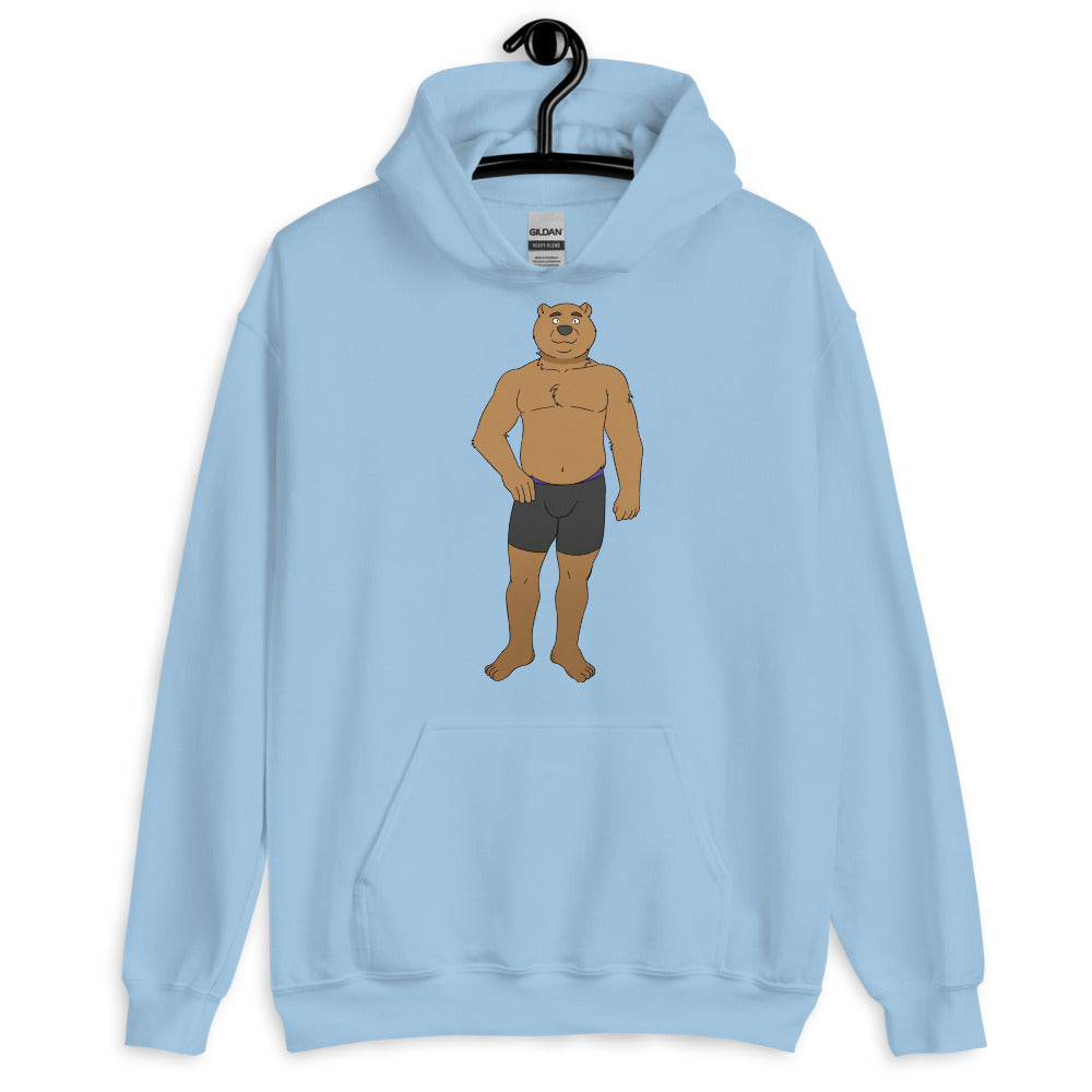 Front view of a light blue hoodie on a hanger with a bear in black briefs