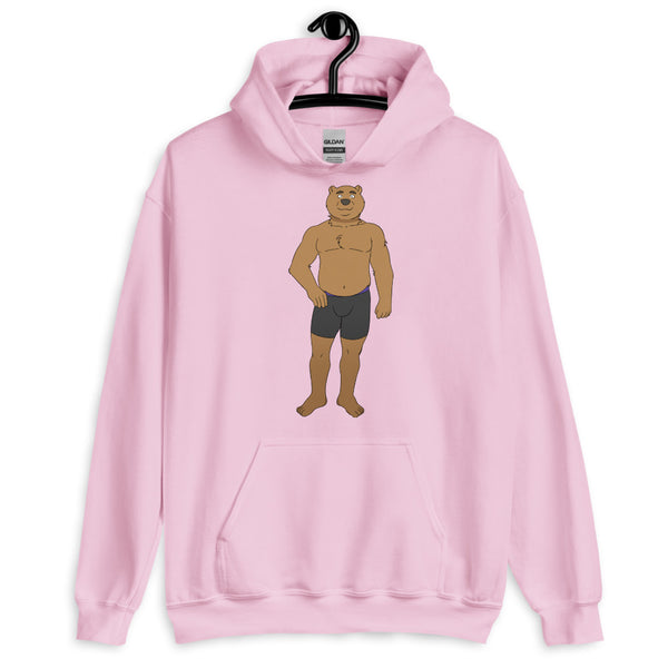 Front view of a pink hoodie with a cartoon bear in black briefs