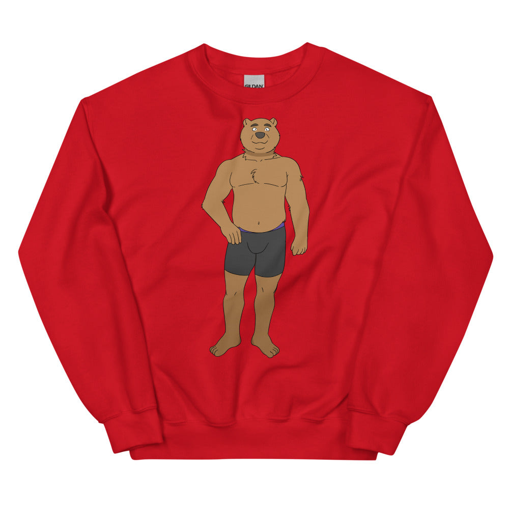 Red crewneck sweatshirt with a cartoon bear wearing dark briefs on the front