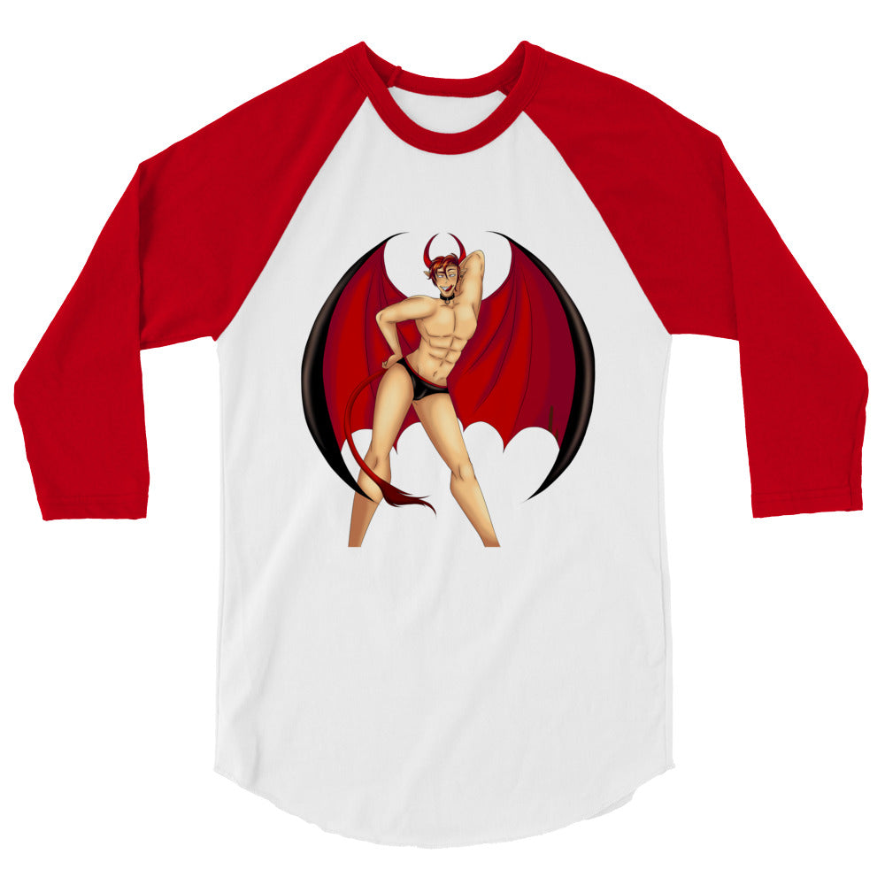 Front view of a white and red raglan shirt with a winged devil in black briefs