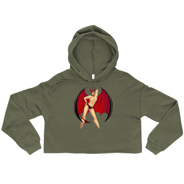 Military green cropped hoodie with a horned, winged devil in black briefs
