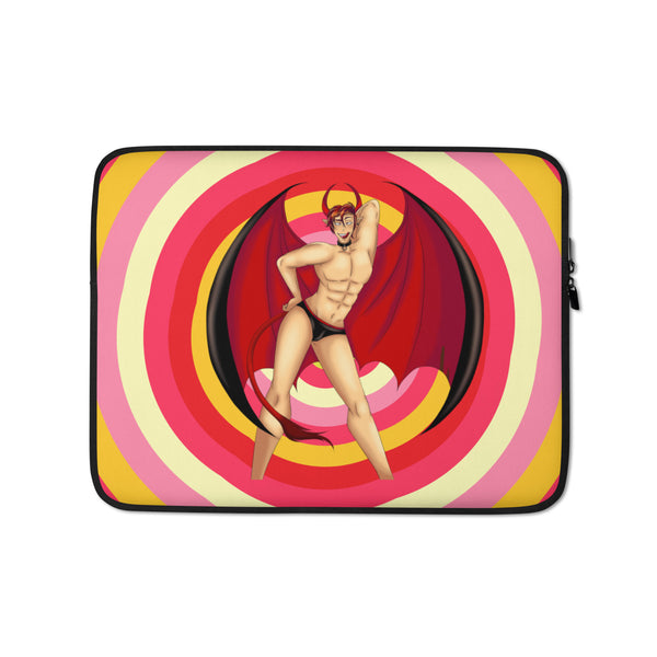 Gay Devil Laptop Sleeve with bold graphic and yellow accent, held by a guy in a red crop tank, black pants, and boots, neon-lit hallway.