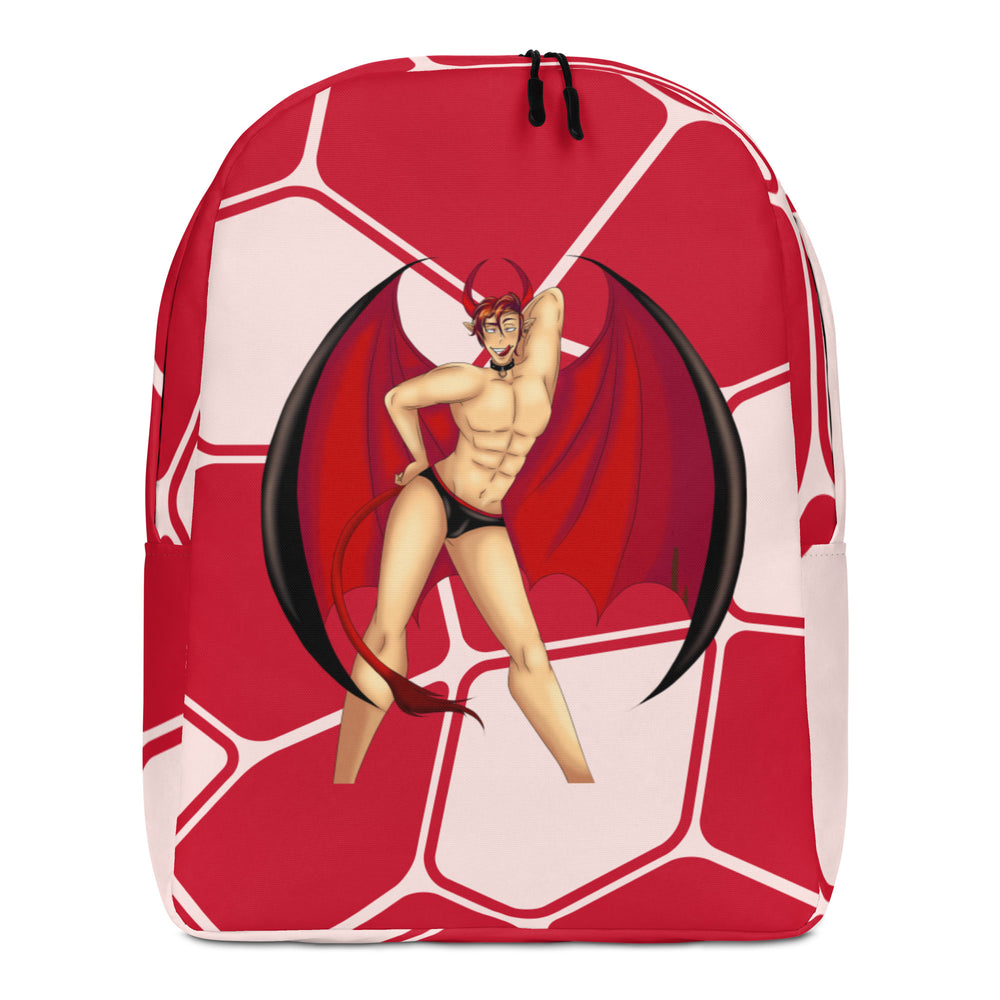 Front-view red backpack with white geometric lines and a horned, winged man in black briefs