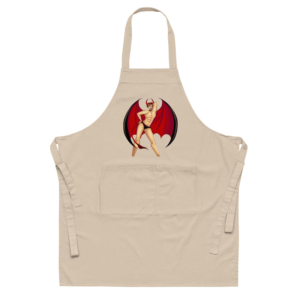 Front view of a beige apron with a shirtless devil in black briefs and red wings
