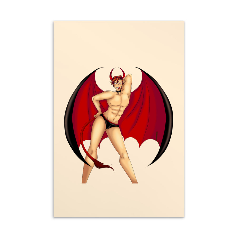 The Gay Devil Postcard, showing a white-haired, red-winged character, held by someone in green and brown gear; queer cozy vibes.