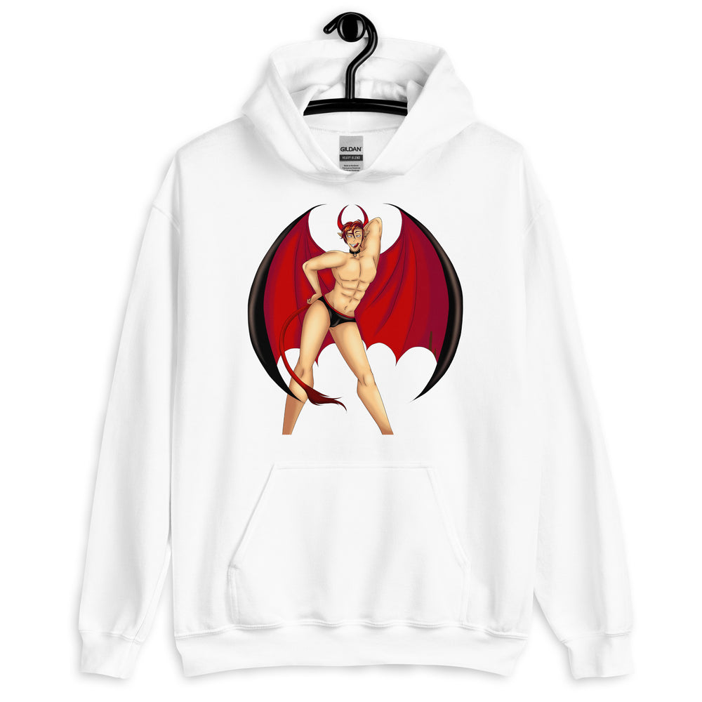 Front view of a white hoodie with a horned, winged devil in black briefs