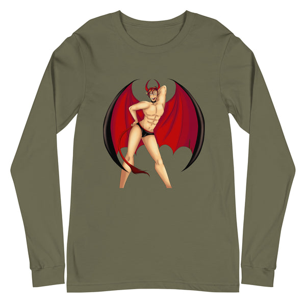 Front view of an olive-green long-sleeve shirt with a shirtless horned devil in black briefs and red wings